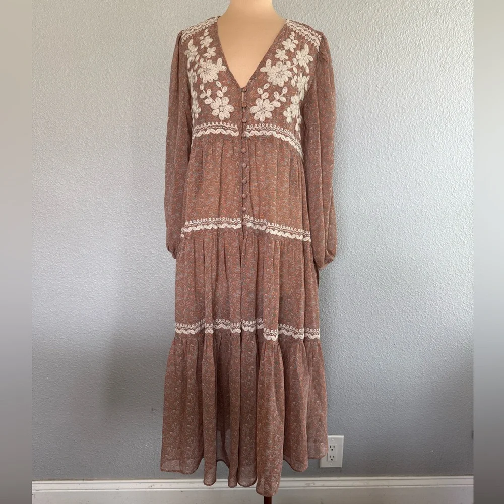 Three Bird Nest Bohemian Floral Lace Trim Maxi Dress - Dusty Rose Size Small - Picture 1 of 9